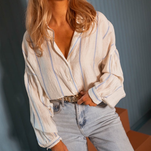 Silky Soft Yellow Blue Stripe Button Down Billowy Blouse - New, Unworn - Picture 2 of 7